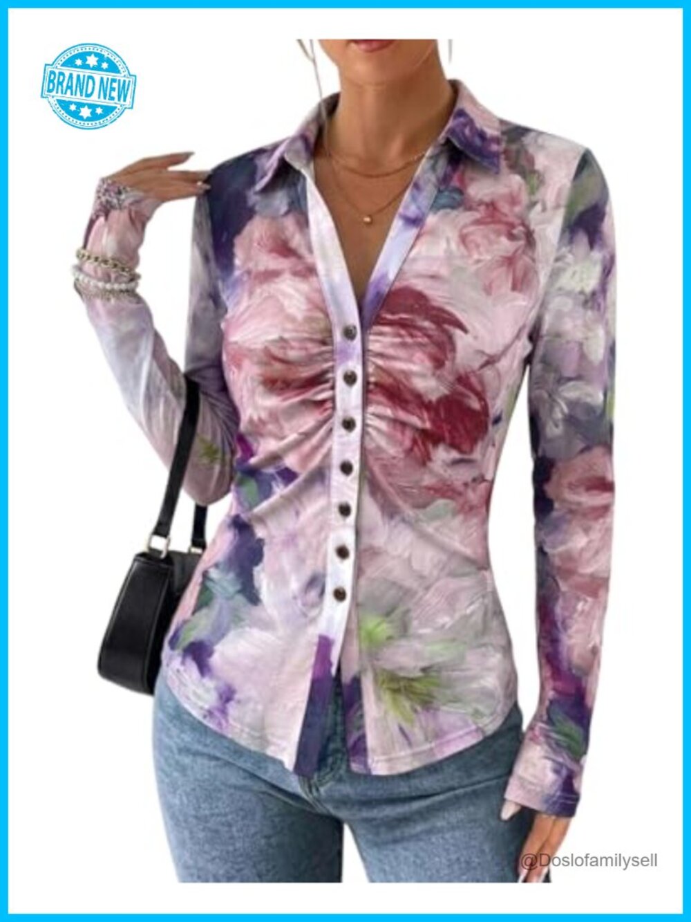 Mesh Button Down Shirt Floral Ruched Long Sleeve Blouse